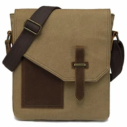 Klein Schultertasche Herren, Vintage Segeltuch Herrentasche Echtes Leder Umhängetasche Männer Kuriertasche Crossbody für Arbeit, Schule, Alltag Khaki