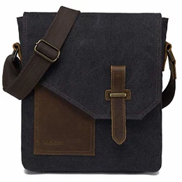 Klein Umhängetasche Herren, Vintage Segeltuch Herrentasche Echtes Leder Schultertasche Klassische Kuriertasche Crossbody für Arbeit, Schule, Alltag Dunkelgrau