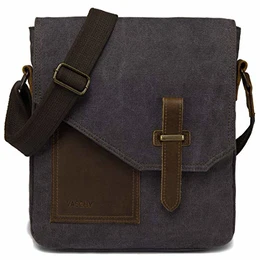 Klein Umhängetasche Herren, Vintage Leinwand Herrentasche Echtes Leder Schultertasche Klassische Kuriertasche Crossbody für Arbeit, Schule, Alltag Dunkelgrau