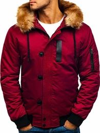 Herren Winterjacke Steppjacke Sportjacke Kapuze Fell Zip Casual Style Extreme 1826 Weinrot L [4D4]
