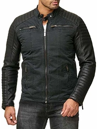 Herren Bikerjacke Kunst- Lederjacke Baumwolle Kunstleder Ärmel Double Schwarz M