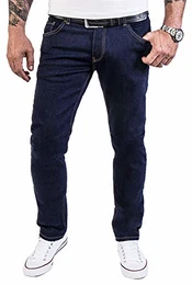 Herren Jeans Hose Regular Slim Stretch Jeans Herrenjeans Herrenhose Denim Stonewashed Basic Stretchhose Raw RC-2137 Dunkelblau W32 L32