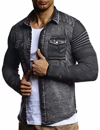 Herren Strick-Jacke-Hemd Vintage Jeans-Hemd für Männer Slim-Fit Langarm Freizeit Jacke-Hemd Verwaschen Casual LN3560; Größe L, Schwarz