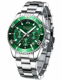 Herrenuhr Edelstahl Silber Chronographen Analog Quarz Großes Armbanduhr Männer Kleid Mode Wasserdicht Grün Zifferblatt Leuchtende Uhren fur Männer Datum Kalender