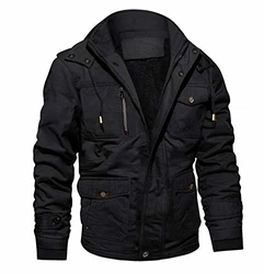 MAGCOMSEN Herren Militär Winterjacke Übergangsjacke mit Abnehmbarer Kapuze Bomberjacke Bikerjacke Parka mit Innenfleece Schwarz
