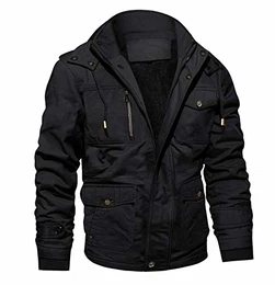 Herren Winterparka Herrenjacke Warm Fleece Jacke Atmungsaktiv für Herren Gefüttert Mantel Outdoor Bomberjacke mit Abnehmbarer Kapuze Schwarz M