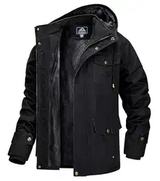 Herren Winterparka Fleece Gefüttert Winterjacke mit Fell Herren Cargo Wintermantel Outdoor Bomberjacke mit 7 Taschen Schwarz L