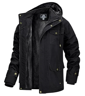 MAGCOMSEN Herren Militär Winterjacke Übergangsjacke mit Abnehmbarer Kapuze Bomberjacke Bikerjacke Parka mit Innenfleece Schwarz