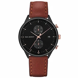 Chronograph Herren Chrono Line Black Sunray - Herren Chronograph Edelstahl (Schwarz), Armbanduhr Männer mit Stoppuhr und Lederarmband (Braun), schwarzes Ziffernblatt