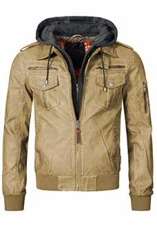 Indicode Herren Aaron Lederjacke mit Abnehmbarer Kapuze Beige