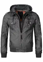 Indicode Herren Aaron Lederjacke m. Abnehmbarer Kapuze & 7 Taschen Kunstleder Herrenjacke Kurze Winterjacke warme Übergangsjacke gefütterte Winter Leder Jacke f. Männer Raven M