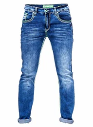 Jeanshose Herren Regular Fit Dicke Neon Naht Stone Washed Stretch Streetwear -2, Hosengröße:32/32