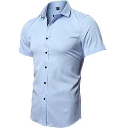 Herren Hemd aus Bambusfaser umweltfreudlich Elastisch Slim Fit für Freizeit Business Hochzeit Reine Farbe Hemd Kurzarm Herren-Hemd Hellblau DE M (Etikette 41)