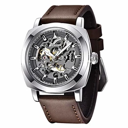 BENYAR - Herren Automatische Mechanische Armbanduhr Lederband Goldene Bewegung 45 mm Skeleton Dial Wasser- und Kratzfest Elegantes Geschenk für männer