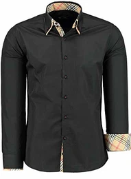 TMK Herren Hemd Super - Slim - Fit - Langarm - Premium Bügelleicht Hemden für Business, Freizeit, Hochzeit, Party für Männer (M, Schwarz/Doppelkragen)