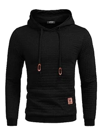 Herren-Kapuzen-Sweatshirt, lässig, Lange Ärmel, Kordelzug, Waffelstrick-Pullover, Hoodies, Schwarz, Medium