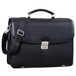 ''''Miguel'''' Klassische Leder Aktentasche Schwarz Herren große Businesstasche Arbeit Bürotasche mit Schloss zum Umhängen 15,6 Zoll Laptoptasche, Farbe:schwarz