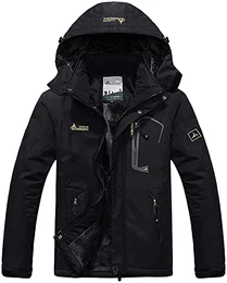 Herren Ski Jacke Warmer Gefüttert Winter Fleece Mantel Wasserdichter mit Abnehmbarer Kapuze Outdoorjacke/Black/L