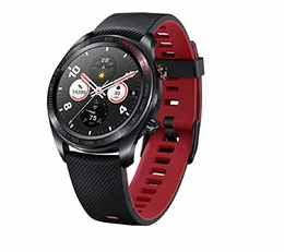 Smartwatch im klassischen Uhrendesign mit 3 cm (1,2 Zoll) AMOLED Display, Meteorite Black + Rotes Silikon