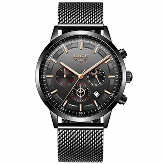 LIGE Herren Uhren Chronograph Analog Quarz Kalender Mondphase Armbanduhr Schwarz