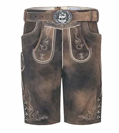 Herren Vintage Lederhose Steiermark kurz - Trachtenlederhose Antik Taupe inkl. Trachtengürtel Modell Steiermark (48, grau-braun)