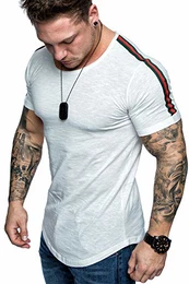 Oversize Herren Stripes T-Shirt Vintage Crew Neck Rundhals Basic Shirt 6099 Weiß XL