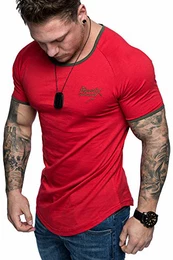 Oversize Doppel Farbig Logo Herren Slim-Fit Crew Neck Basic T-Shirt Rundhals R30 Rot/Khaki S