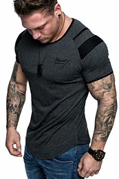 Oversize Doppel Farbig Logo Herren Slim-Fit Crew Neck Basic T-Shirt Rundhals R29 Anthrazit/Schwarz S