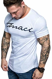Oversize Herren Vintage T-Shirt Logo Crew Neck Rundhals Basic Shirt 6101-0203 Weiß/Navyblau M