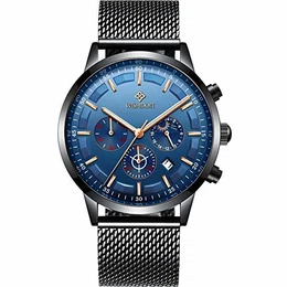 Uhren Herren Mode Chronographen Analoger Quarz Edelstahl Wasserdich Schwarze Quartz Milanaise Mesh Armband Geschäft Casual Datum Uhr Blau