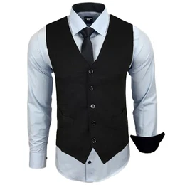 – Bügelfrei Weste + Hemd + Krawatte Herren Kragen zweifarbig Uni Langarm Slim Business Geschenkidee RN33 Gr. M, Light Blue