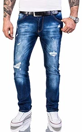 Herren Jeans Hose Regular Slim Stretch Jeans Herrenjeans Herrenhose Denim Stonewashed Basic Stretchhose Raw RC-2142 Blau W32 L32