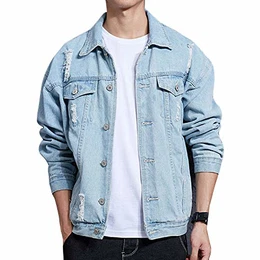 Guiran Herren Jeansjacke Ripped Denim Jacket, Oversize Destroyed Look Jacke HellblauJ06 M