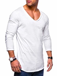 . Herren Oversize Longsleeve Langarm T-Shirt V-Neck Ausschnitt 30-0014 Weiß M