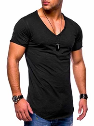 . Herren Kurzarm Basic T-Shirt V-Neck Ausschnitt Oversize-Look 20-0002 Schwarz L