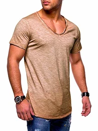 . Herren Kurzarm Basic T-Shirt V-Neck Ausschnitt Oversize-Look 20-0002 Beige S