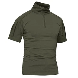 T-Shirt Herren Taktisch 1/4 Reißverschluss Camouflage Shirt Ärmeltaschen mit Klett Army Uniform Flecktarn Outdoor Hemd Dunkeloliv M