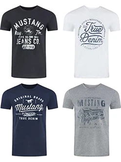 MUSTANG Herren T-Shirt 4er Pack Frontprint O-Neck Rundhalsausschnitt Kurzarm Regular Tee Shirt (P10) Schwarz/Weiß/Blau/Grau (1000292-4142)