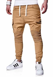 . Herren Cargo Biker Jogger-Jeans Hose mit Taschen Slim-Fit S-XXL 80-6722 Beige M