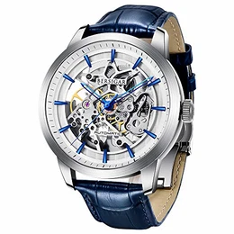 Automatic Männer es Watch mit transparenter Skelettmechanik-wasserdichte Herrenwrist-Uhr, die bis zu 30 Meter mit echtem Leder-Strap & Stainless-Steel Case & Mineral Glass schützt