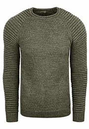 Biker Knit Rundhals Pullover Herren Strick Grobstrick Strickpullover Langarm 318, Größe:M, Farbe:Khaki