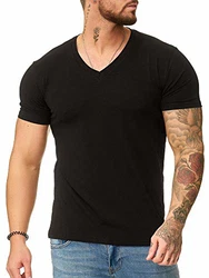 OneRedox Herren T-Shirt V-Neck Hoodie Longsleeve Kurzarm Shirt Sweatshirt Modell 1309 Schwarz