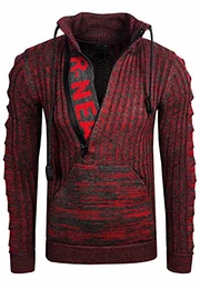 Zipper Stehkragen Pullover Herren Strick Grobstrick Strickpullover Langarm 328, Farbe:Rot, Größe:L