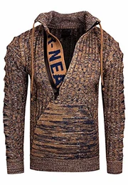 Zipper Stehkragen Pullover Herren Strick Grobstrick Strickpullover Langarm 328, Farbe:Camel, Größe:M
