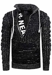 Zipper Stehkragen Pullover Herren Strick Grobstrick Strickpullover Langarm 328, Farbe:Schwarz, Größe:M