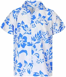 Funky Hawaiihemd, Kurzarm, Hibiskus New, Türkis auf Weiß, M