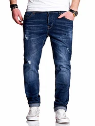 . Herren Destroyed Stretch Jeans-Hose Used-Look Slim-Fit 80-9789 Dunkelblau W33/L32