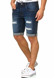 Indicode Herren Caden Jeans Shorts mit 5 Taschen aus 98% Baumwolle Kurze Denim Stretch Hose Used Look Washed Destroyed Regular Fit Men Short Pants Freizeithose f. Männer Holes - Dark Blue M