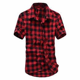 Herren Gitter Plaid Malerei Bluse Tops Sommer Beiläufig Oben Kurzärmeliges Hemd Karomuster T-Shirt Kurzärmlig Knöpfe Kariertes Hemd Passend Kurzarm T-Shirt Satz(Rot,M)