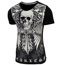 Herren Vintage Totenkopf Kurzarm T-Shirt mit Strass Steinen Slim Fit Design Fashion Top Print Shirt JA-2314 (M, Schwarz)